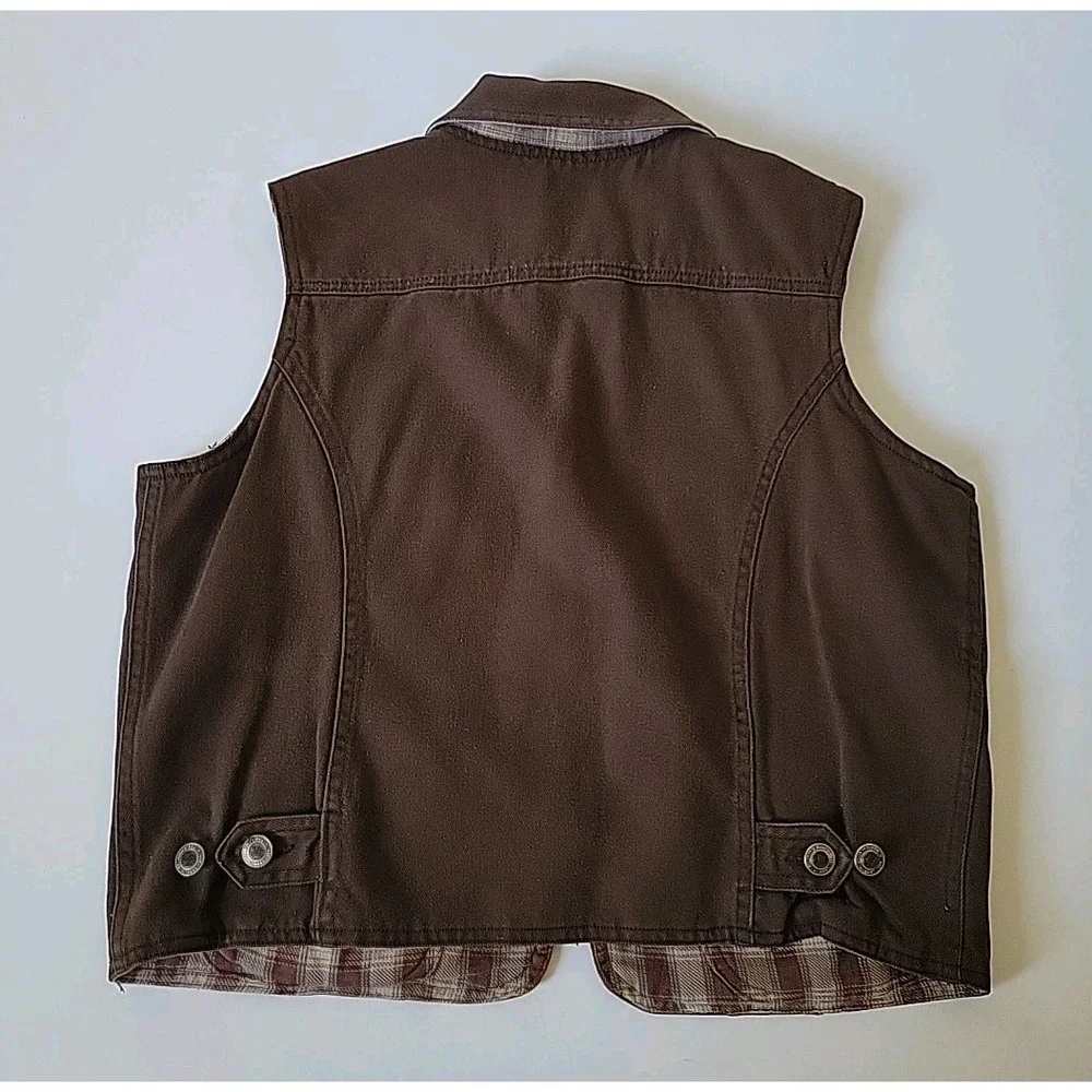 St Johns Bay Vintage Reversible Vest Petite Medium Brown‎ Denim Flannel Full Zip
